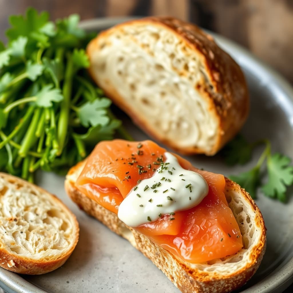 Røkt laks med konjakk- og karvemajones og ristet fransk brød