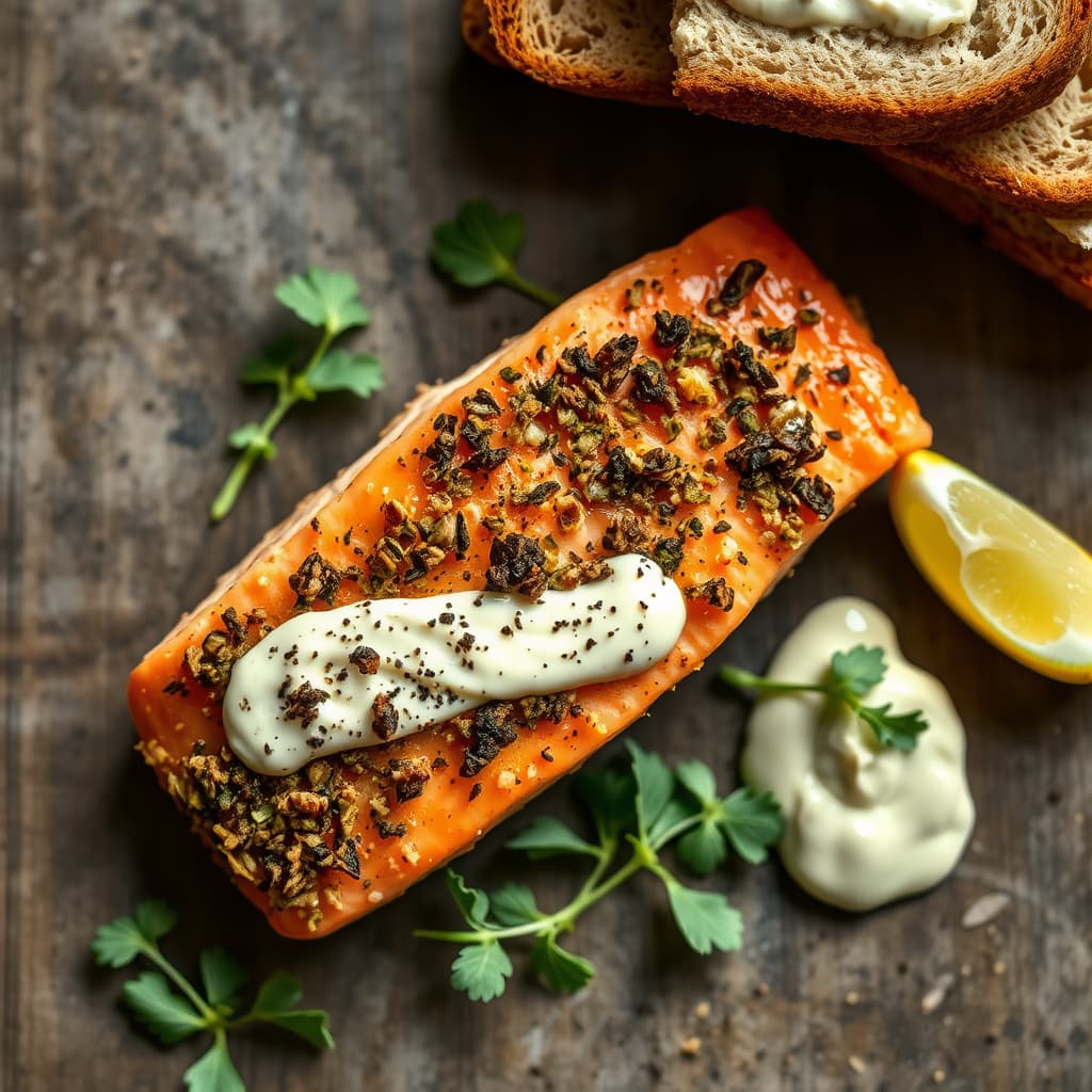 Røkt laks med senneps-urteskorpe, ruccolamajones og pumpernickelbrød