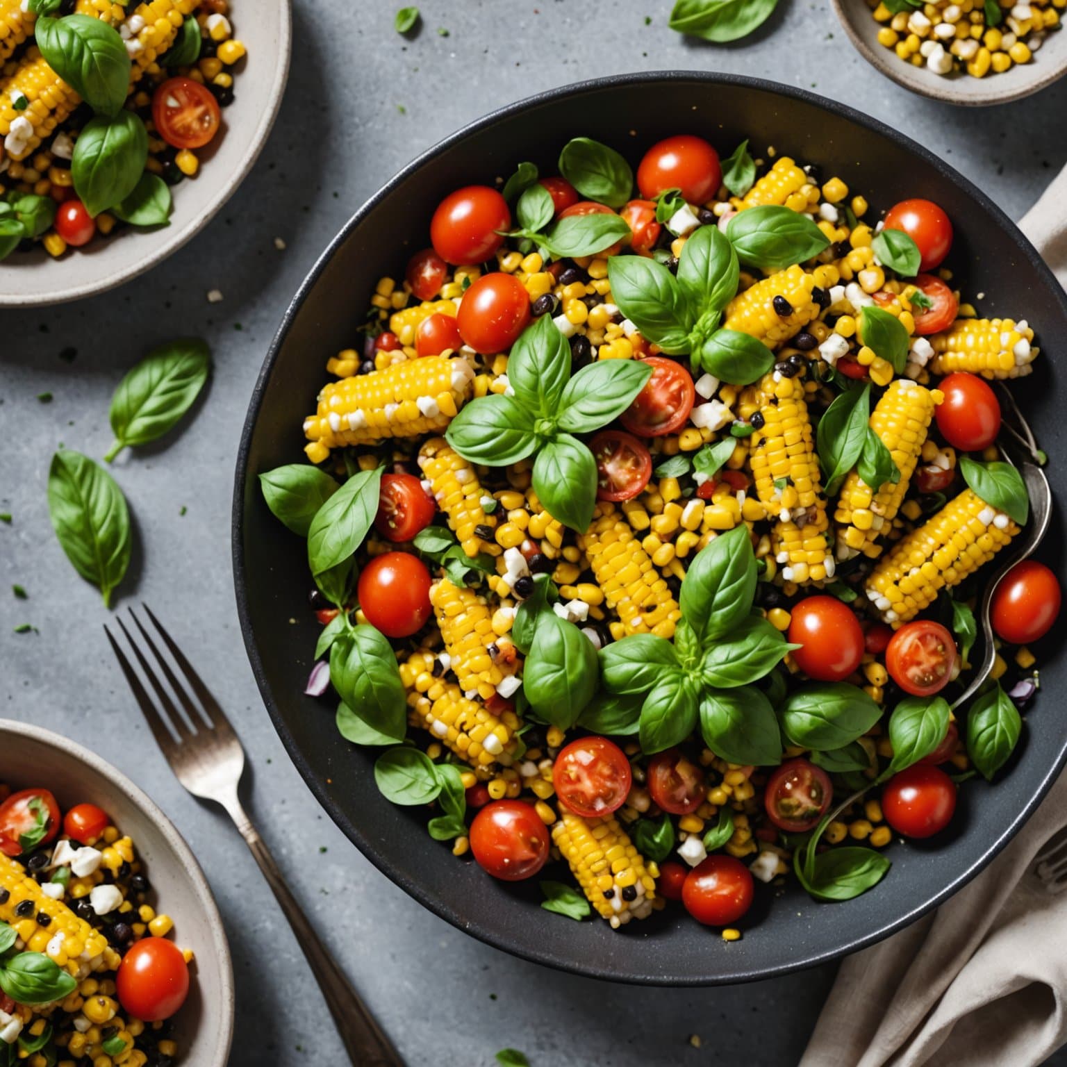 Røkt maisalat med basilikum og tomater