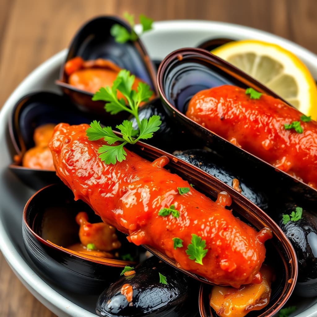 Røkte blåskjell med krydret svinepølse