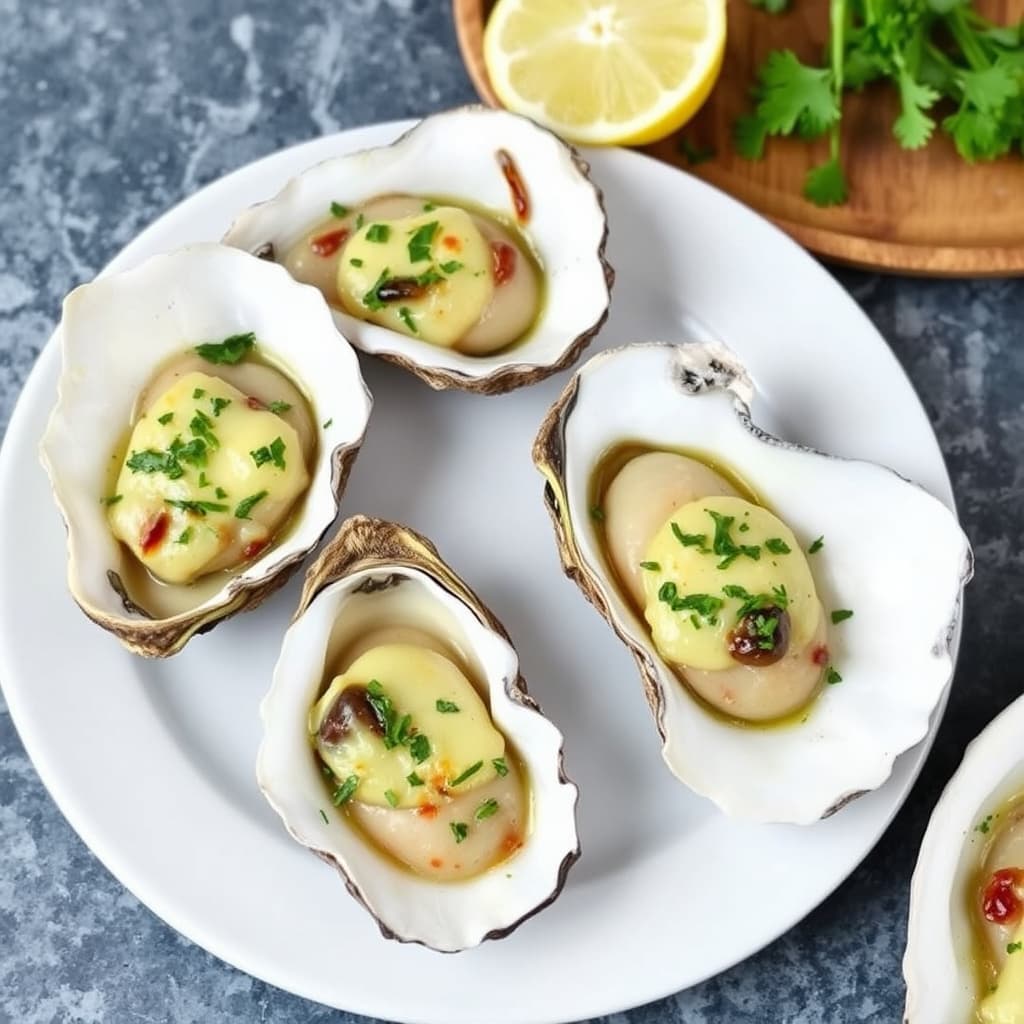 Røkte østers med hvitløk- og persille-smør