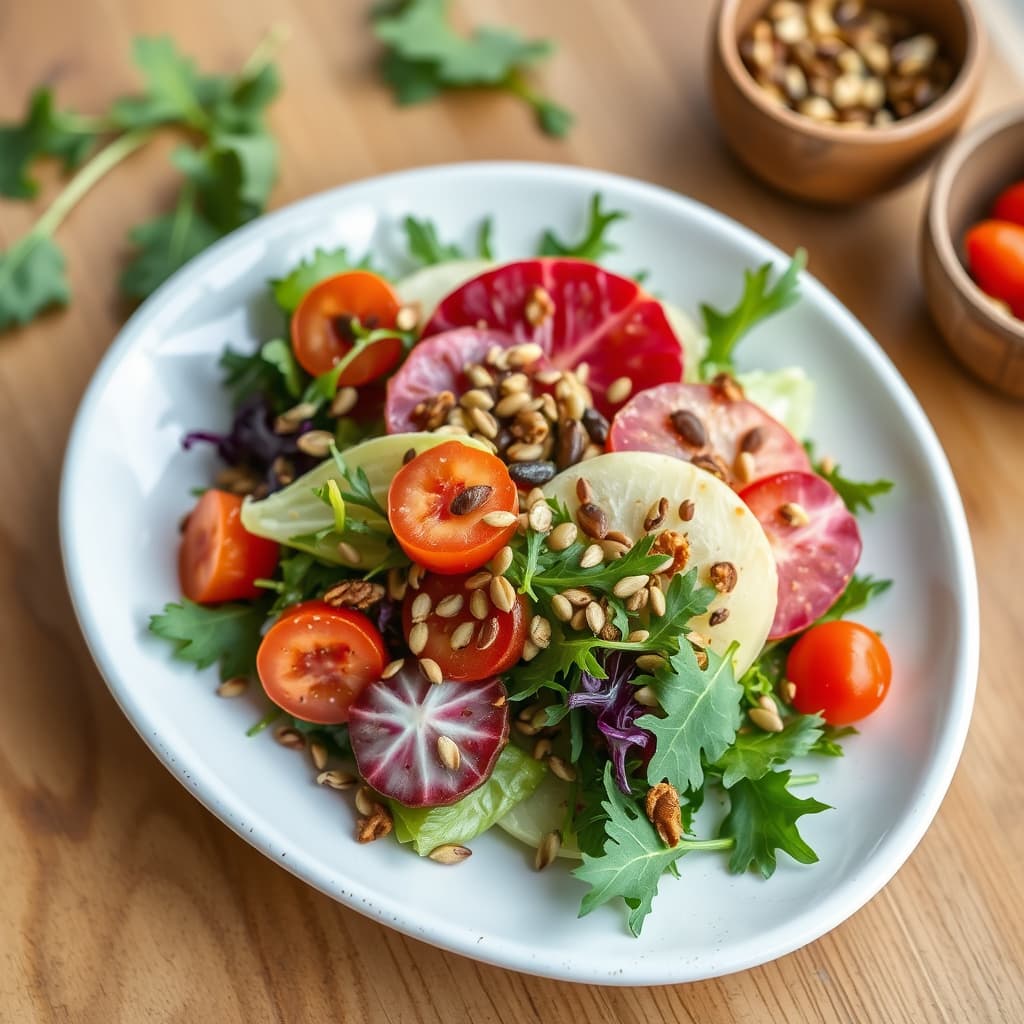 Romaine- og ruccolasalat med ristet frø