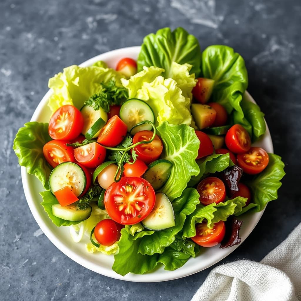 Romaine-salat med carpaccio av tomat og agurk