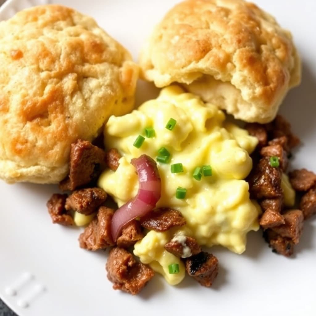 Rør egg med kulturmelk-biscuits, skivet oksekjøtt og sauterte rødløk