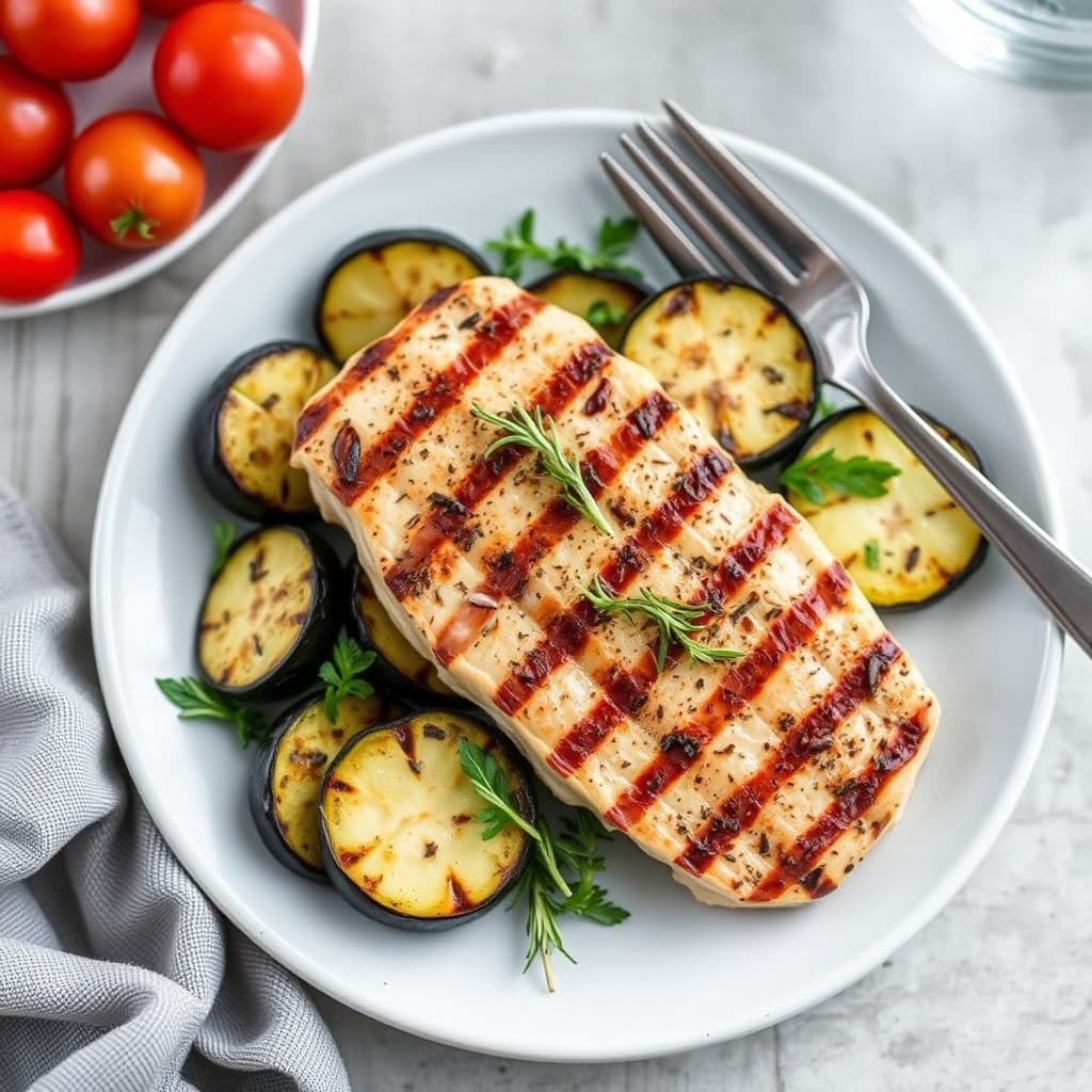 Rosemary-grillede tunfisksteiker med aubergine og squash