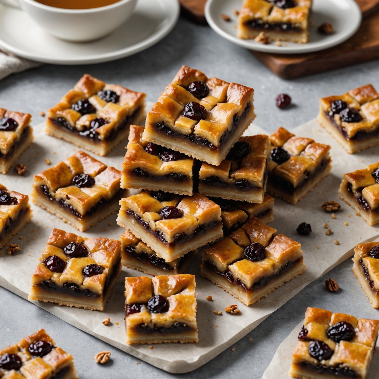 Rosin- og valnøttsmørterte i firkantform