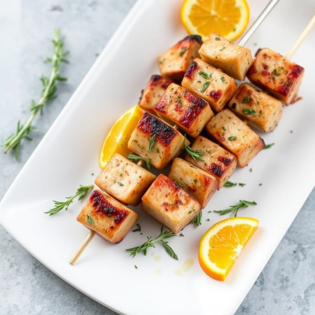 Rosmarin- og appelsinmarinerte tunfiskspyd