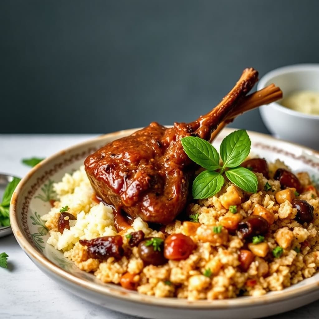 Rosmarin- og honningbraisert lammeskulder med myntesjasminris