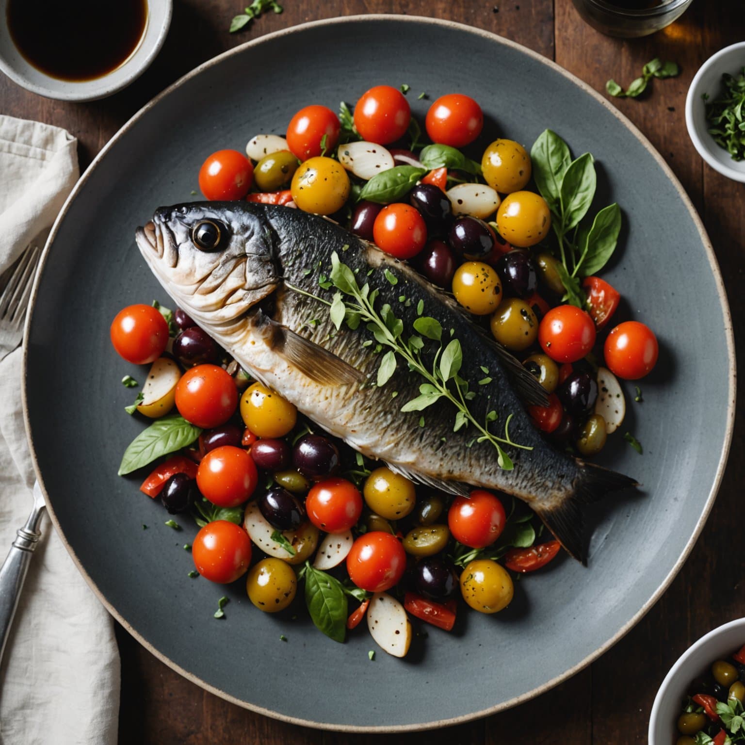 Røst svarthavslaks med tomat- og olivelsalat