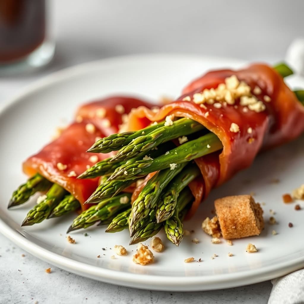 Røstede aspargesbunter innpakket i prosciutto med krydrede brødsmuler