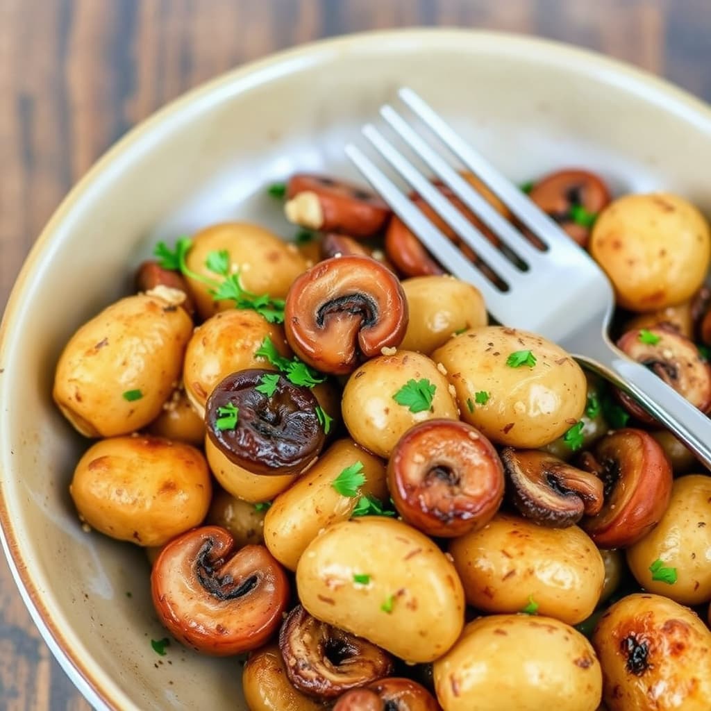 Røstede fingerling-poteter med cremini-sopp