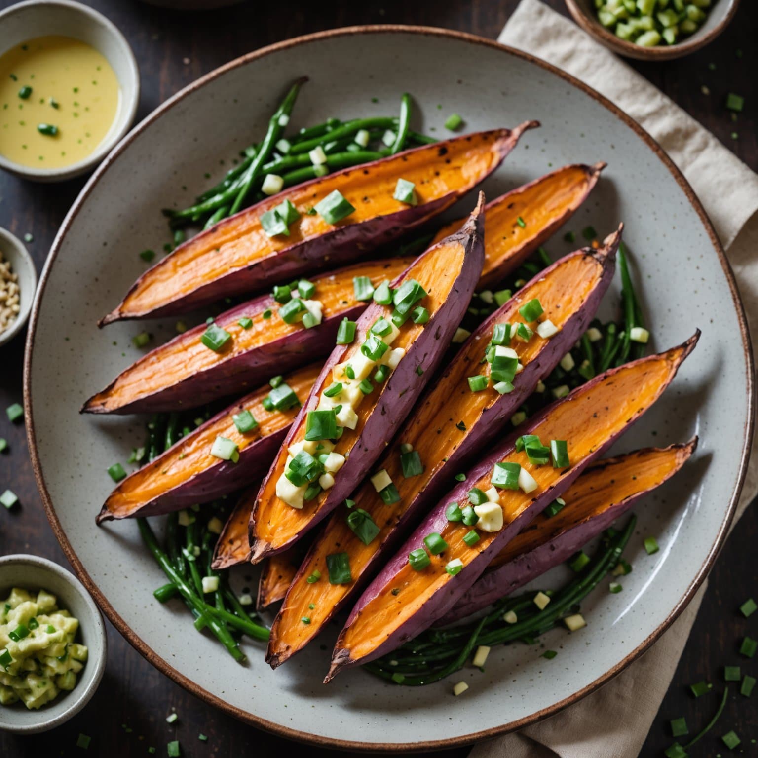 Røstede japanske søtpoteter med vårløkssmør
