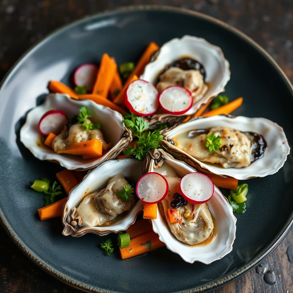 Røstede østers med syltede reddiker, gulrøtter og sellerirot