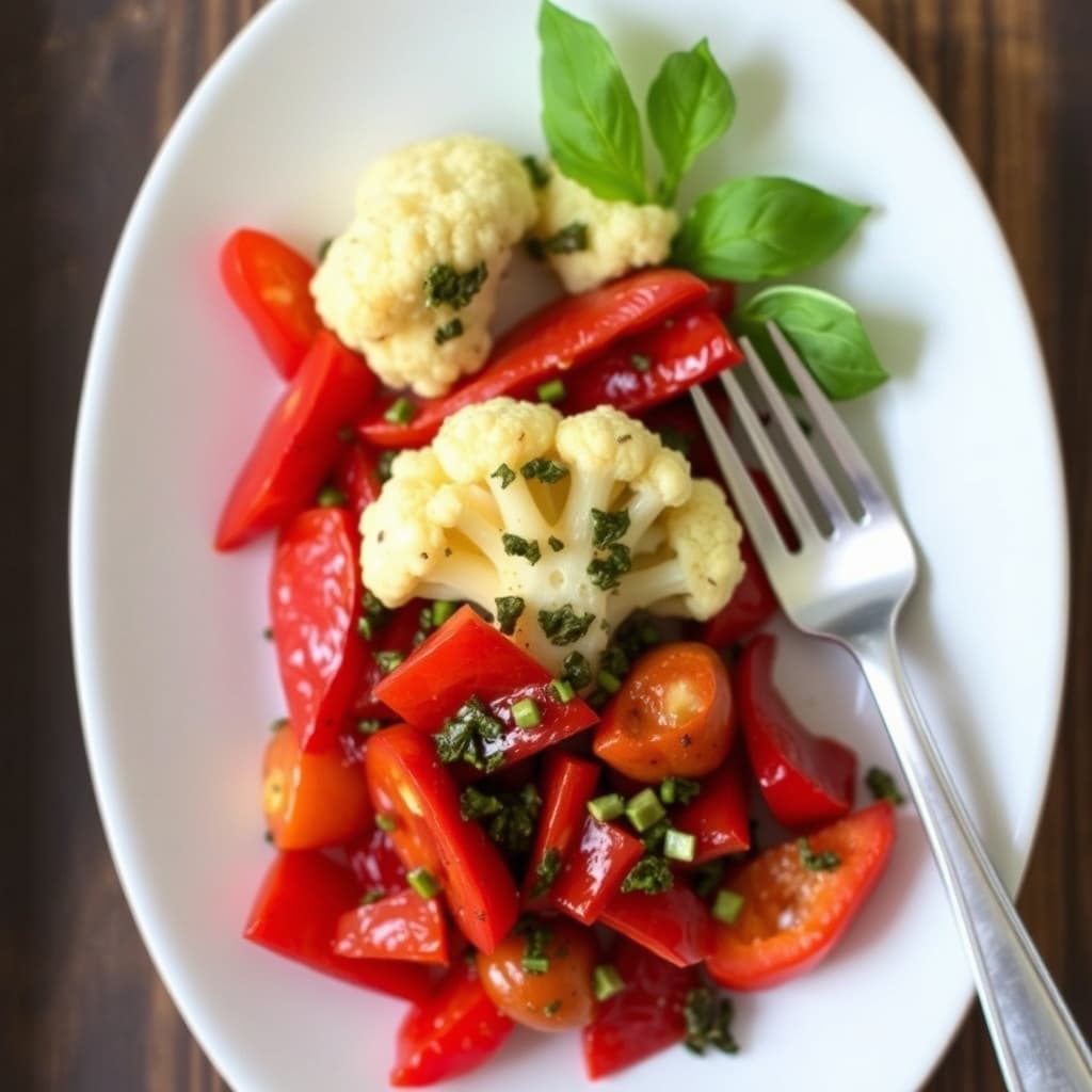 Røstede røde paprika og blomkål med kapersvinaigrette