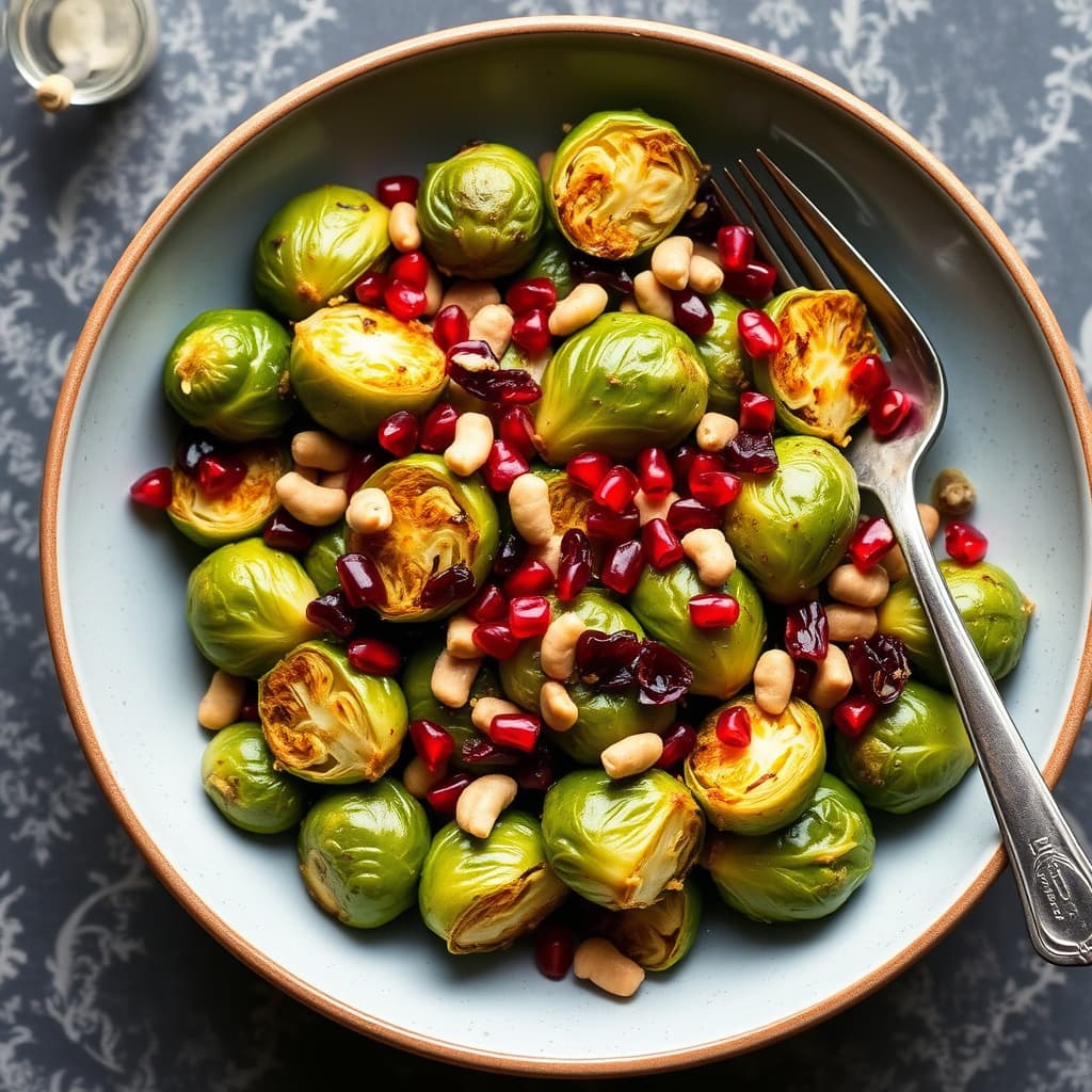 Røstede rosenkål med granateple og hasselnøtter