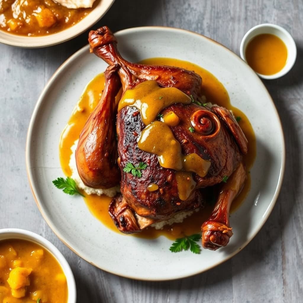 Rostet and med femkrydder og honning-mango chutneysaus