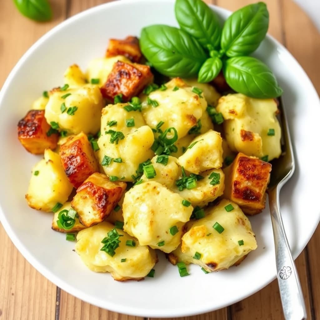 Røstet hvitløk og basilikum knuste poteter