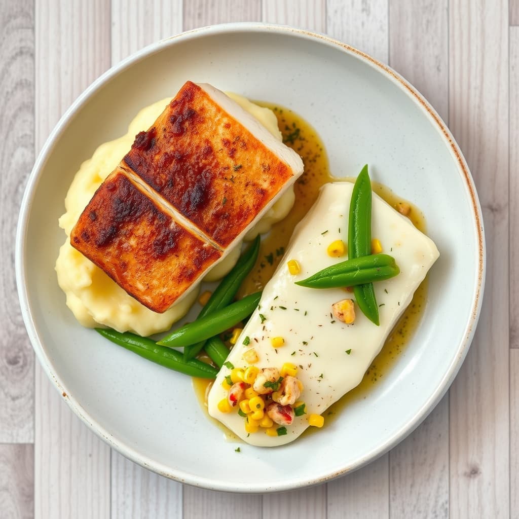 Røstet kveite, potetmos, mais- og krabbekonfit, kveitebrill, sukkererter