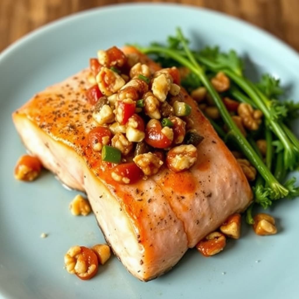 Røstet laks med valnøtt- og pepperrelish