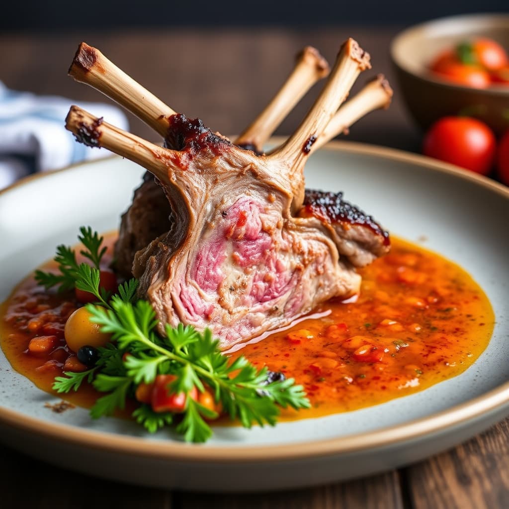 Rostet lammerygg med romescosaus