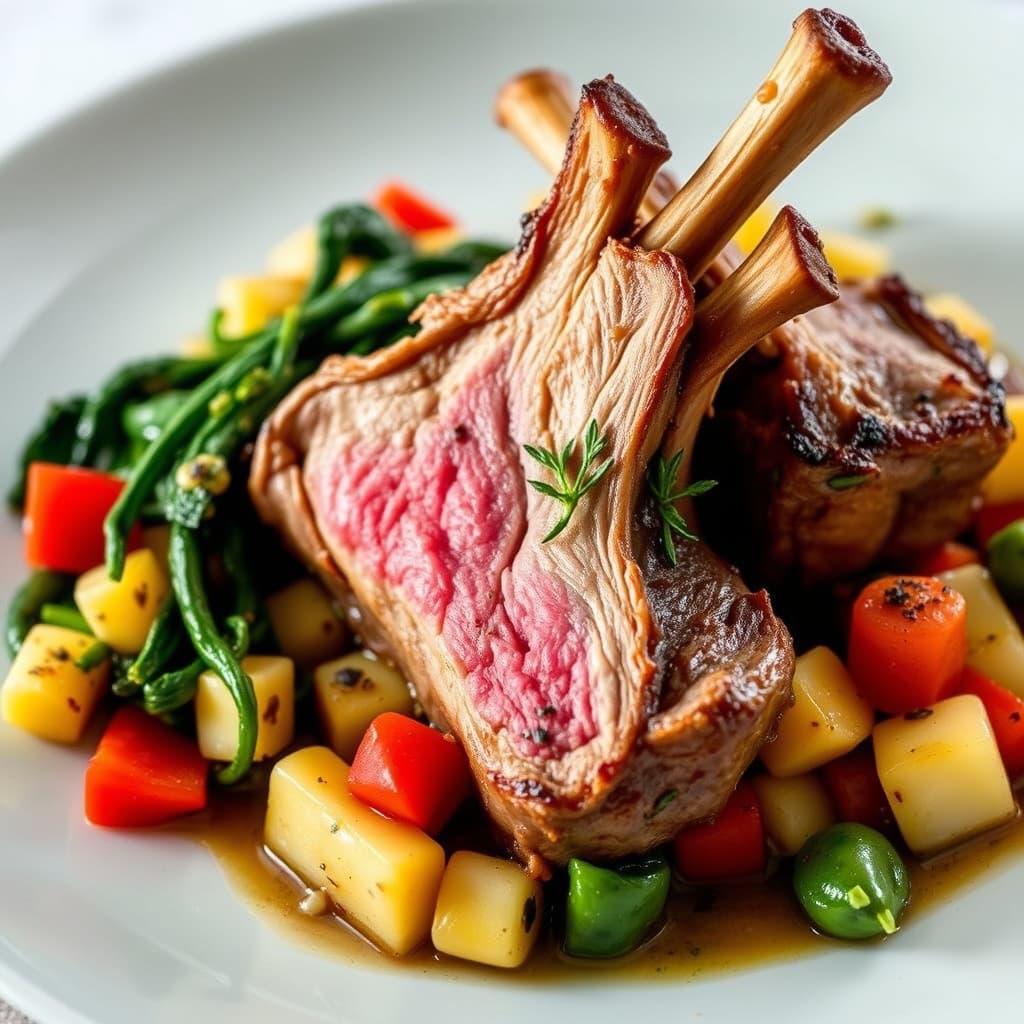 Rostet lammerygg med vårens succotash og wiltet spinat