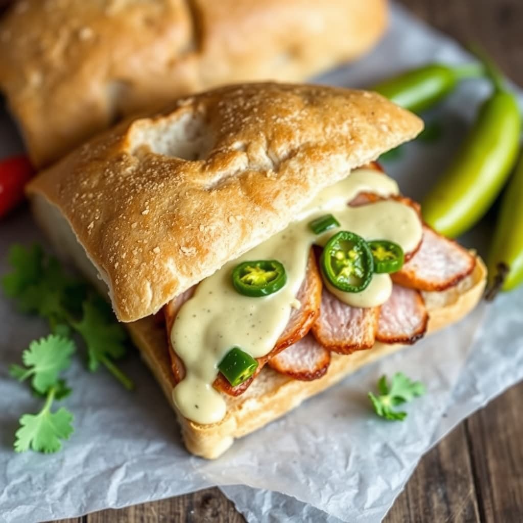 Røstet svinekjøtt-ette på ciabatta med kremet aioli og Pequillo-pepper