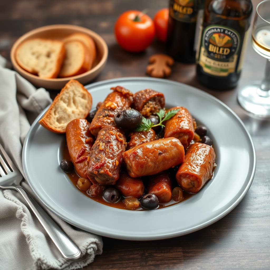 Rosticciana (spare ribs) og pølser braisert i øl og oliven