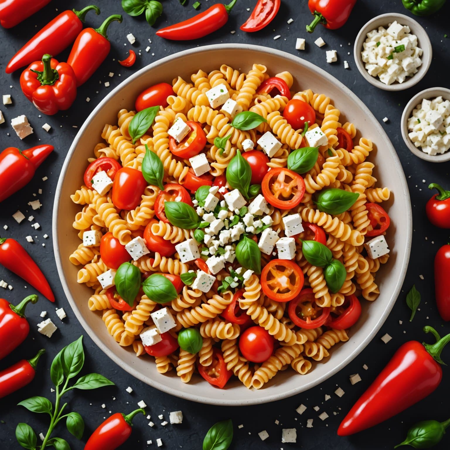 Rotini med paprika, løk og fetaost