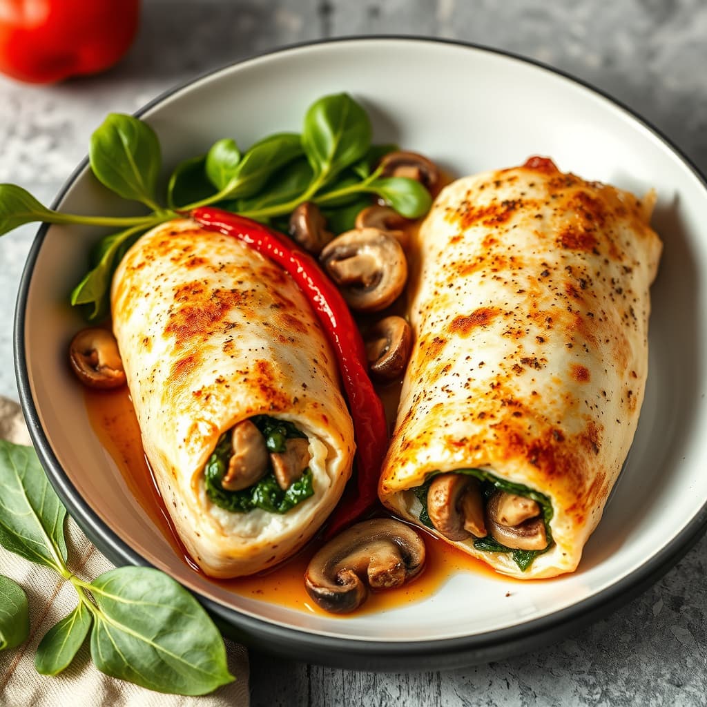 Roulader av steinbitt fylt med spinat, sopp og ovnsbakt rød paprika