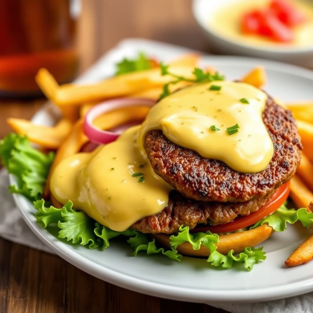 Røykfylte ølburger med kremet sennepssaus