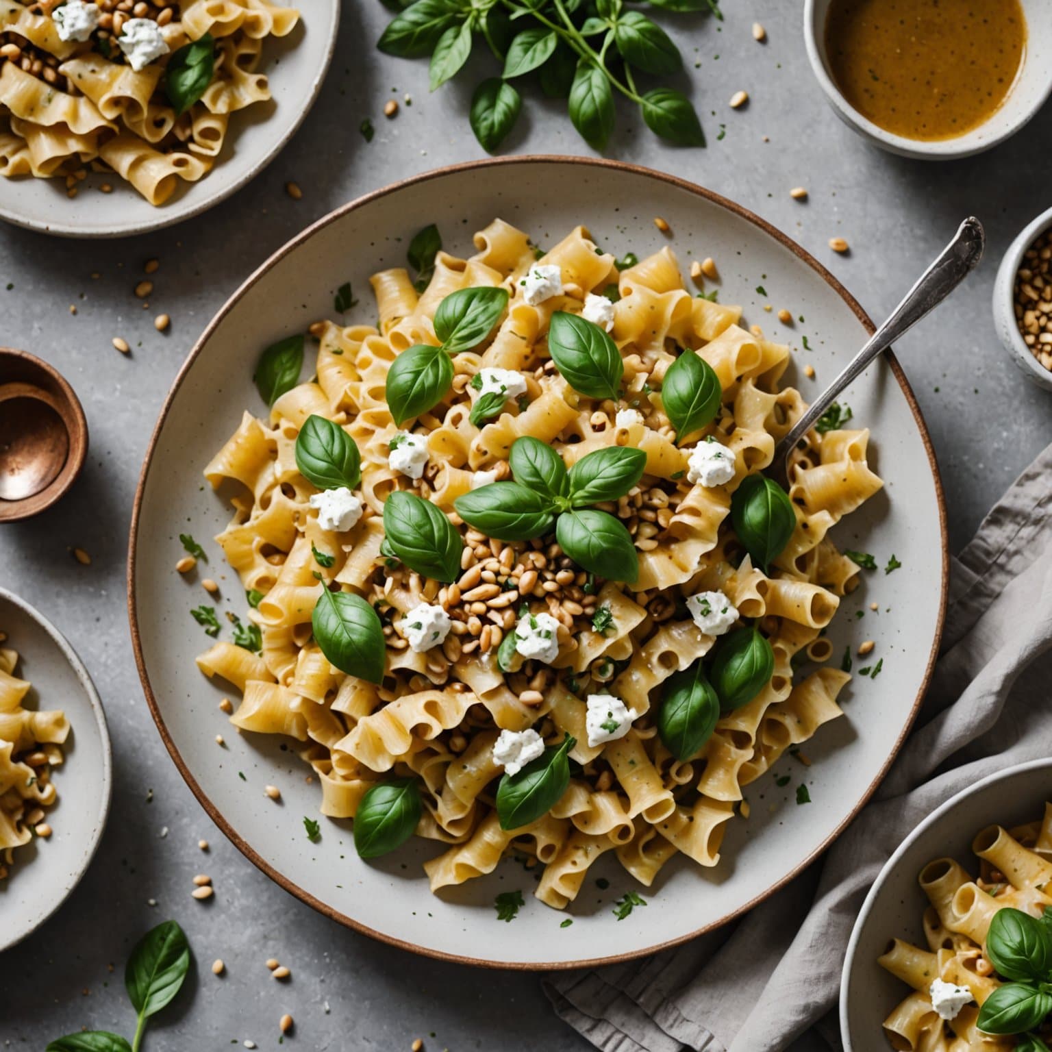 Rufsete pasta med urtet ricotta og brunt smør med pinjekjerner