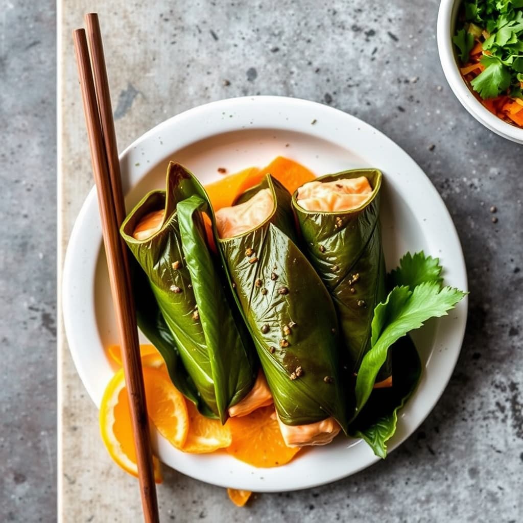Rulader av laks med shiso-blader og appelsinskall