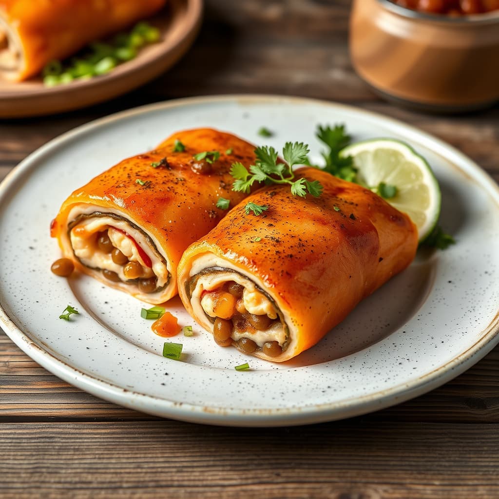 Rull med røkt laks, tartarsaus og linser