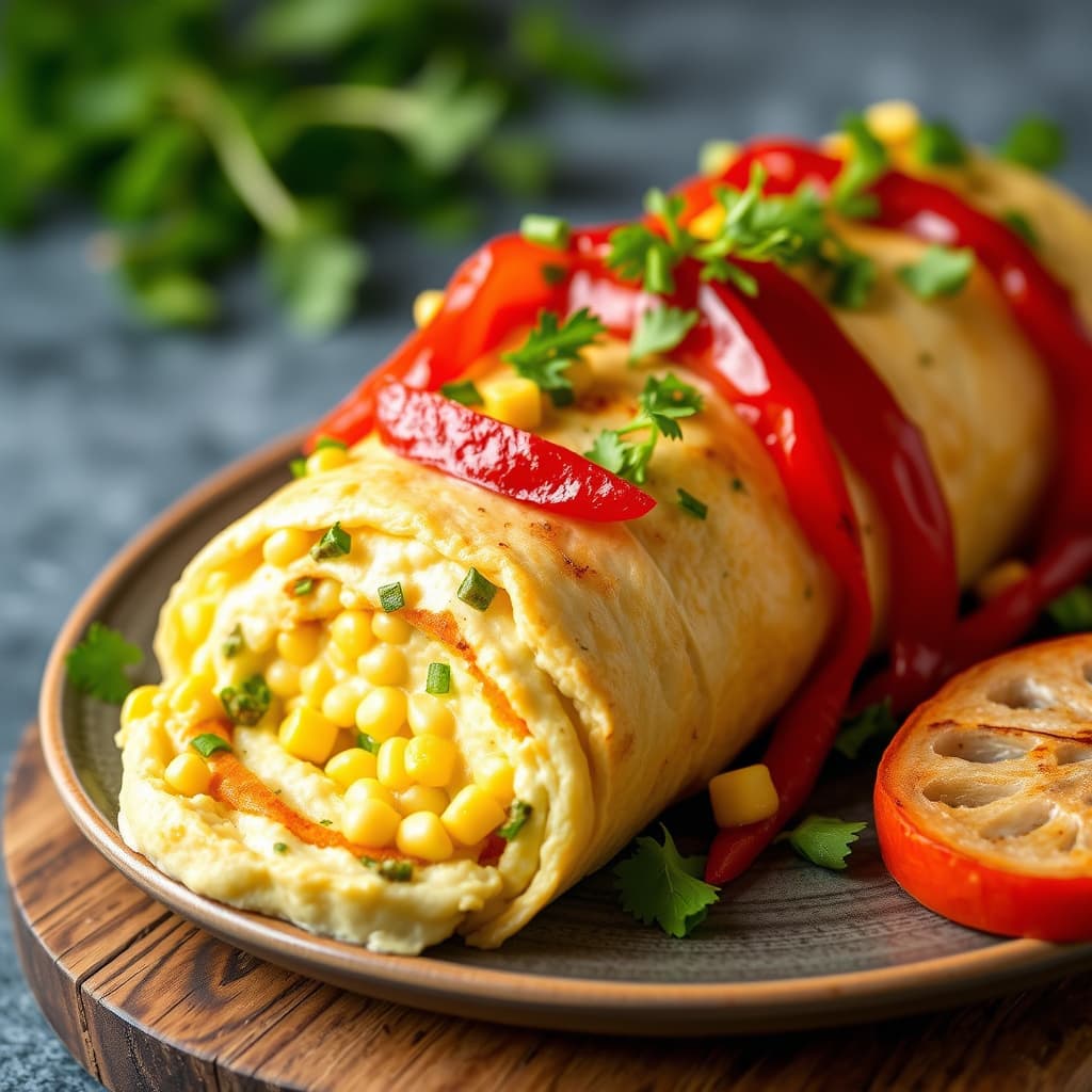 Rullade med kremet mais, vårløk og ovnsbakt rød paprika