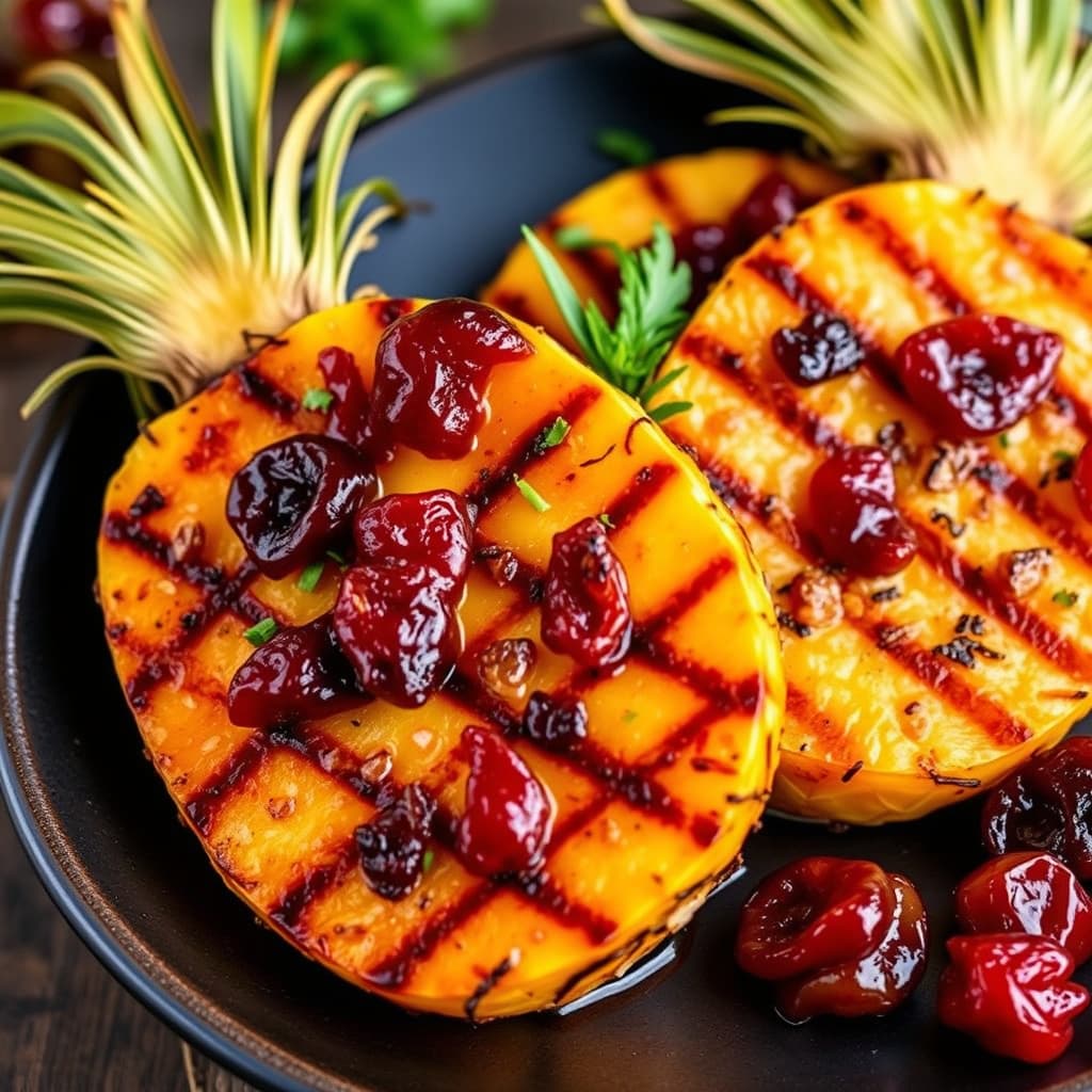 Rum-marinerte grillede ananas med brandy-kirsebær