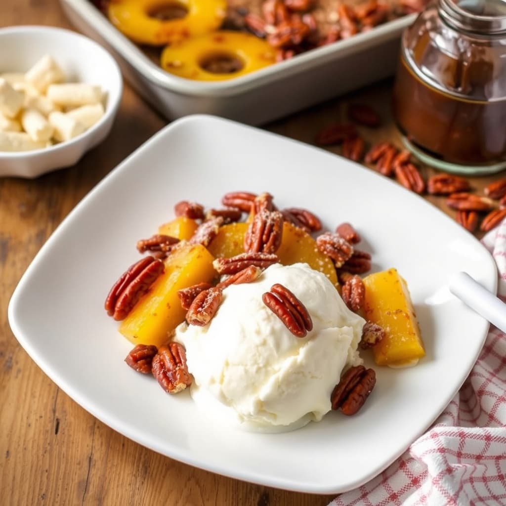 Rum-ristet ananas og sukkererte pecannøtter med vaniljeis av vaniljebønne