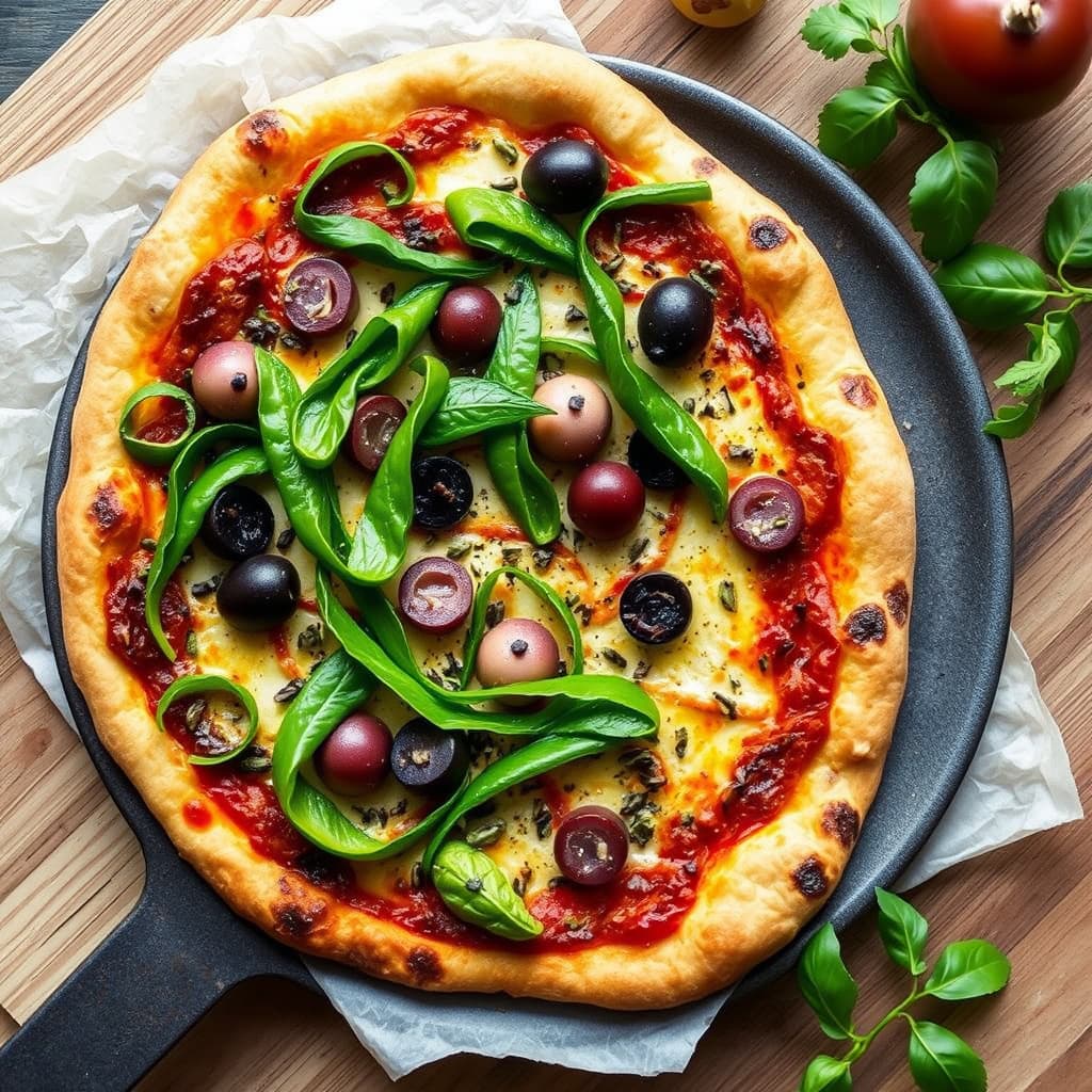 Rustikk grønn pepper- og olivenpannepizza