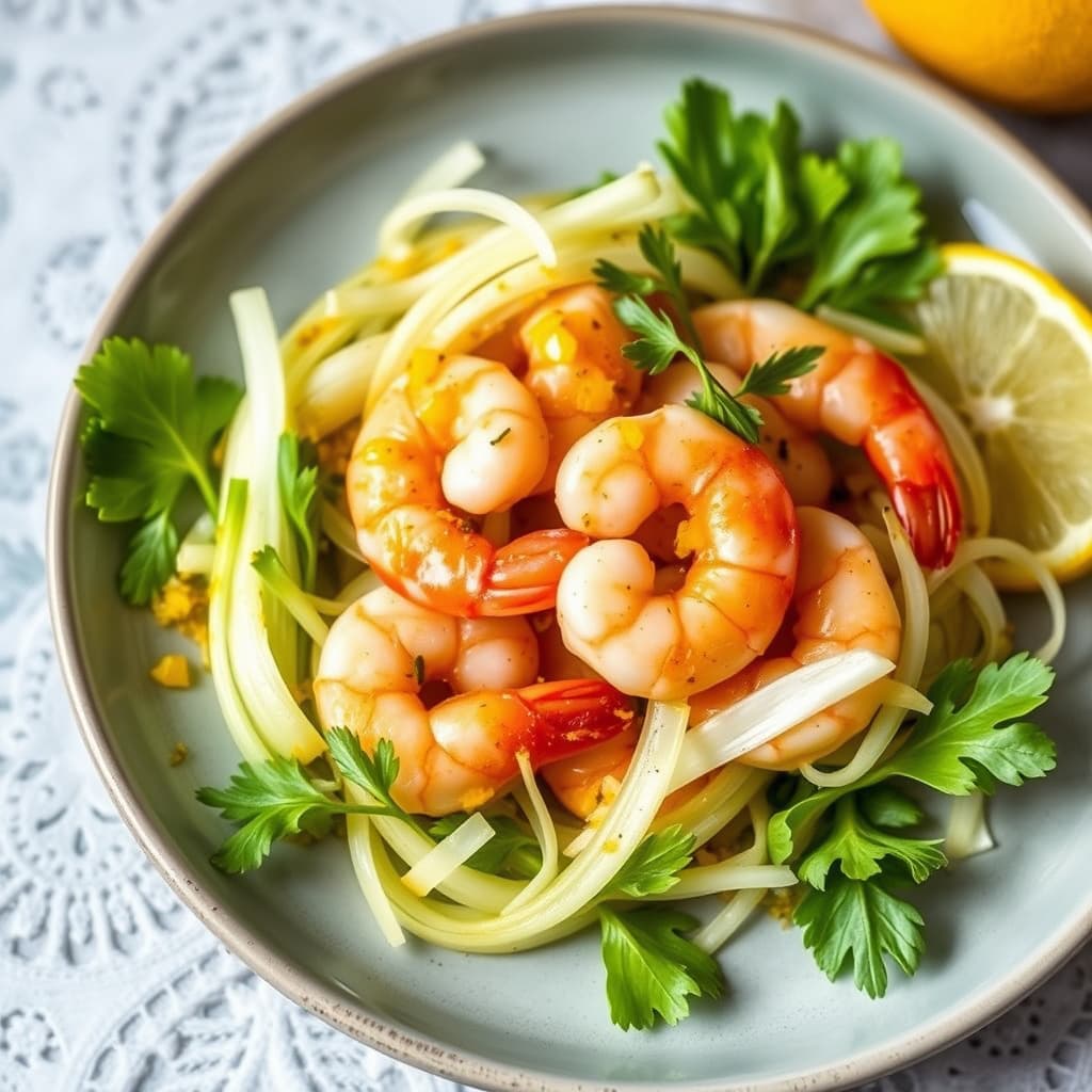 Safrankokte reker med skivet fennikel og sitrusvinaigrette