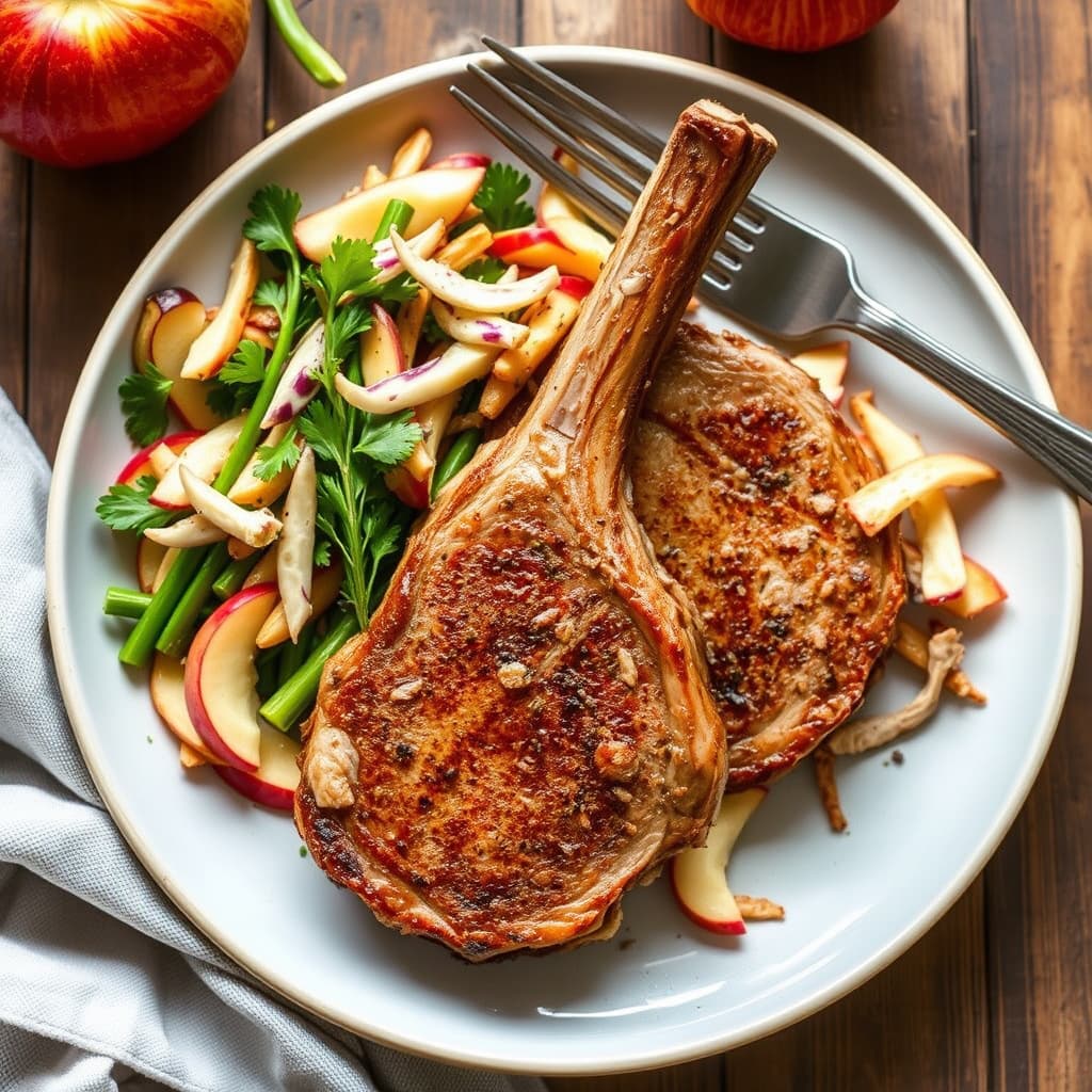 Sage-ristede svinekoteletter med varm epleslaw