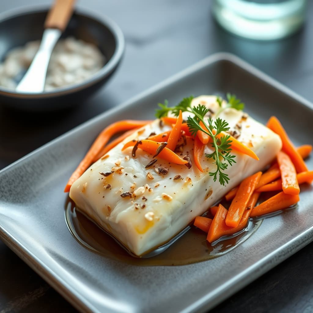 Sake-dampet kveite med dillkokte gulrøtter