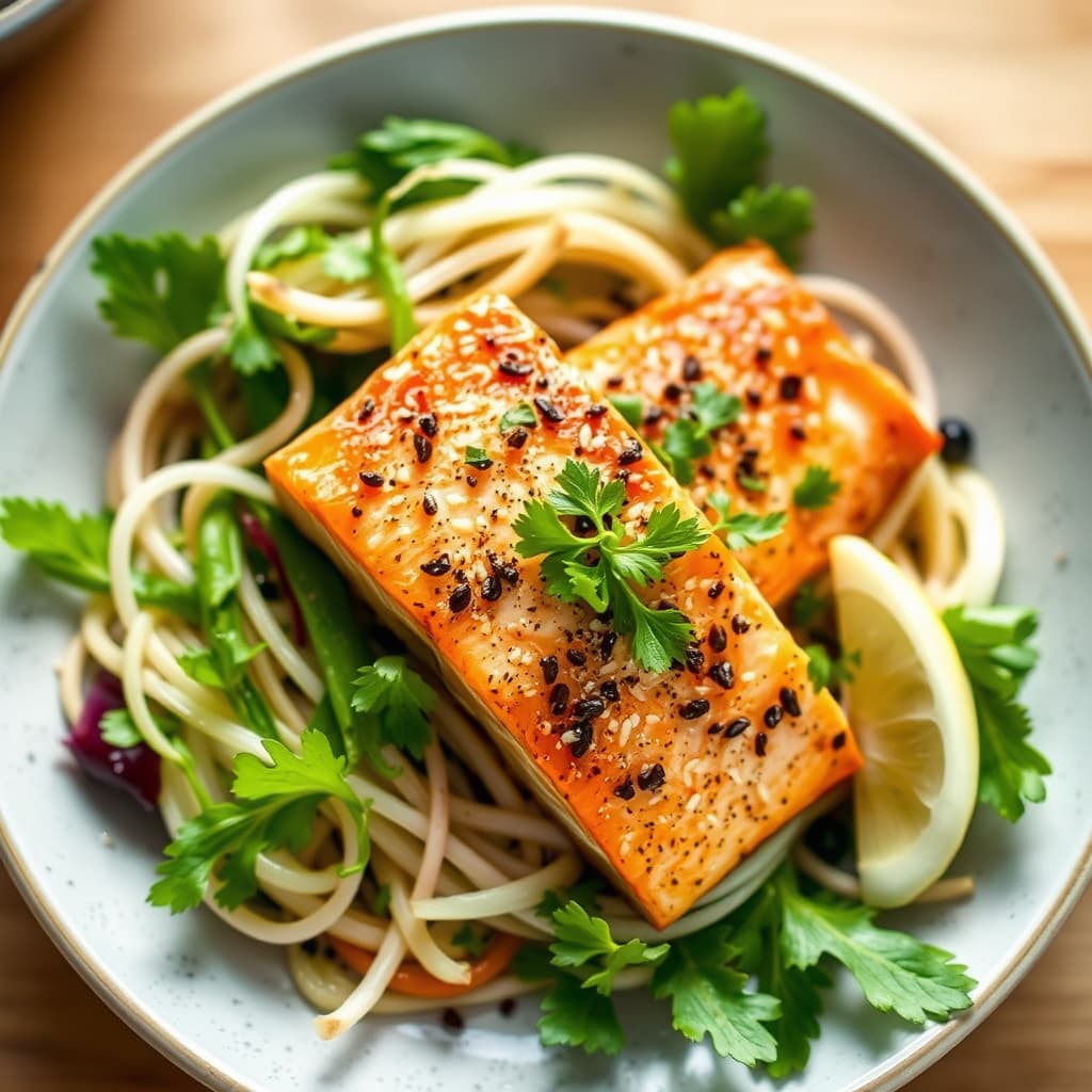 Sake-pochert laks med somen og fennikelsalat