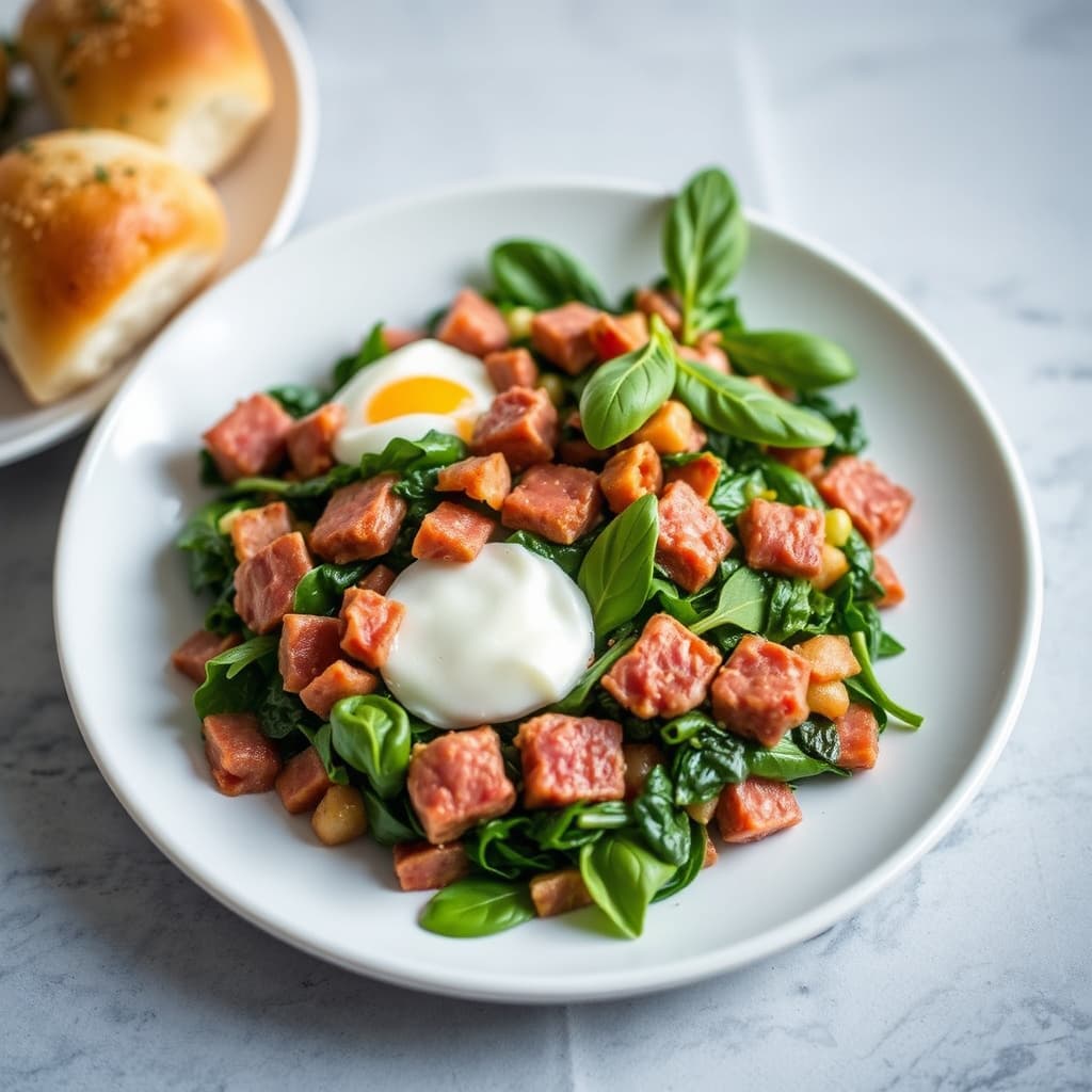 Salami, bacon og spinathash
