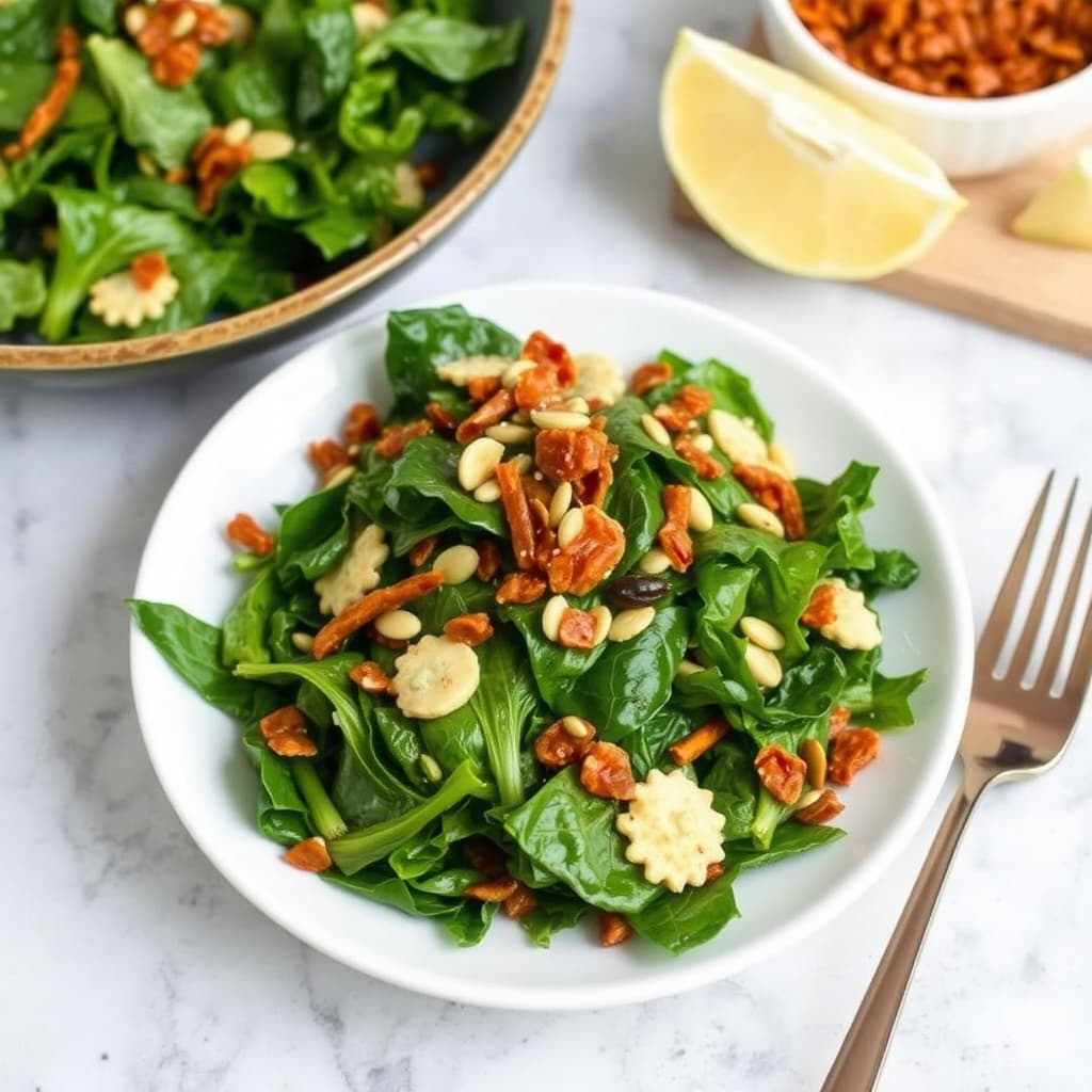 Salat med collard greens, ingefær og krydret frøkaramell