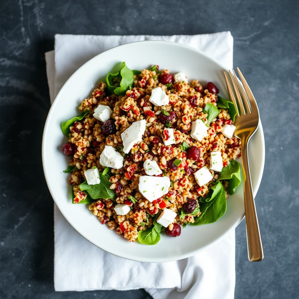 Salat med korn, puffet rød quinoa og labneh