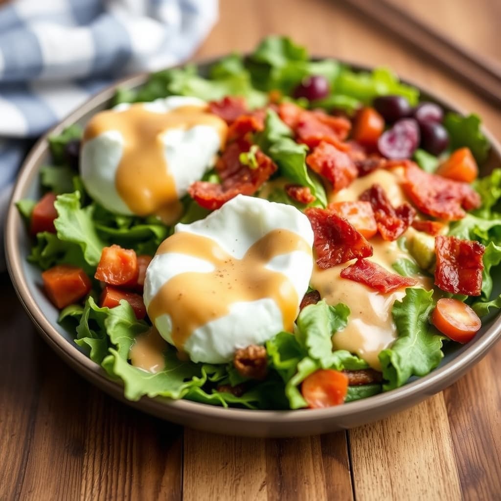 Salat med posjerte egg og bacon-dressing