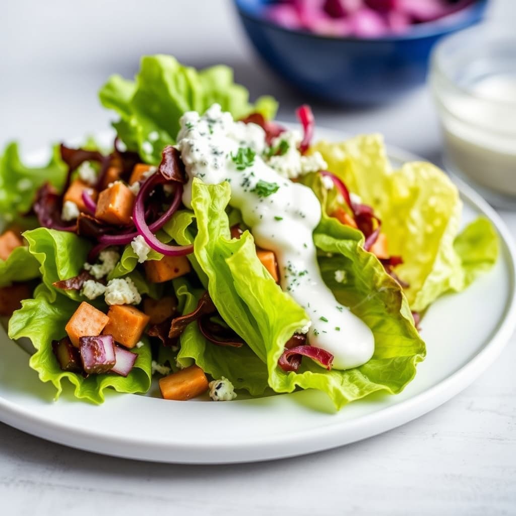Salatbiter med isbergsalat og blåmuggost-rømme dressing