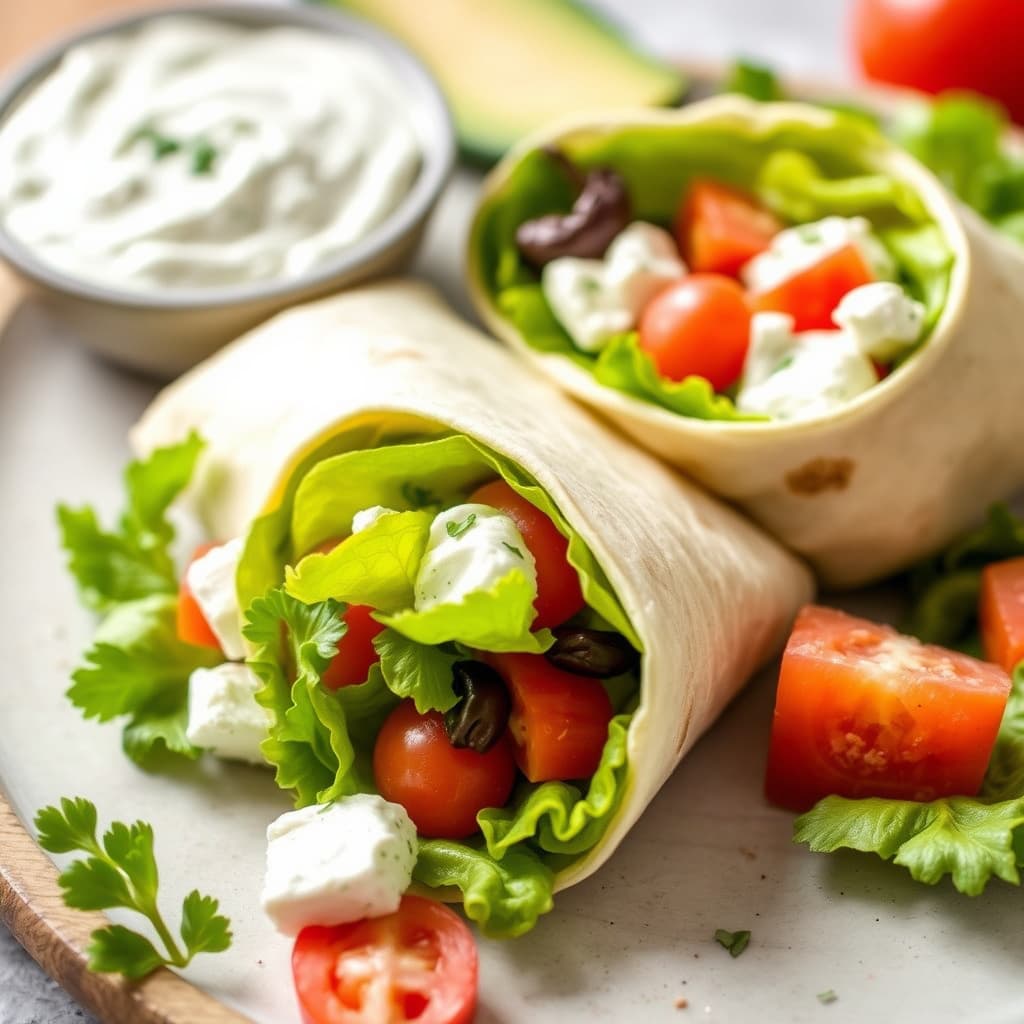 Salatwrap med gresk yoghurt- og fetaostdip