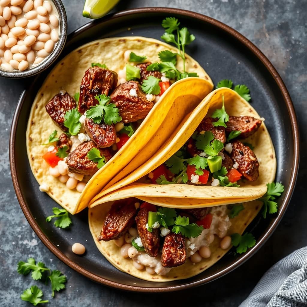 Salsa-marinerte skinnsteker myke tacos med refried hvite bønner