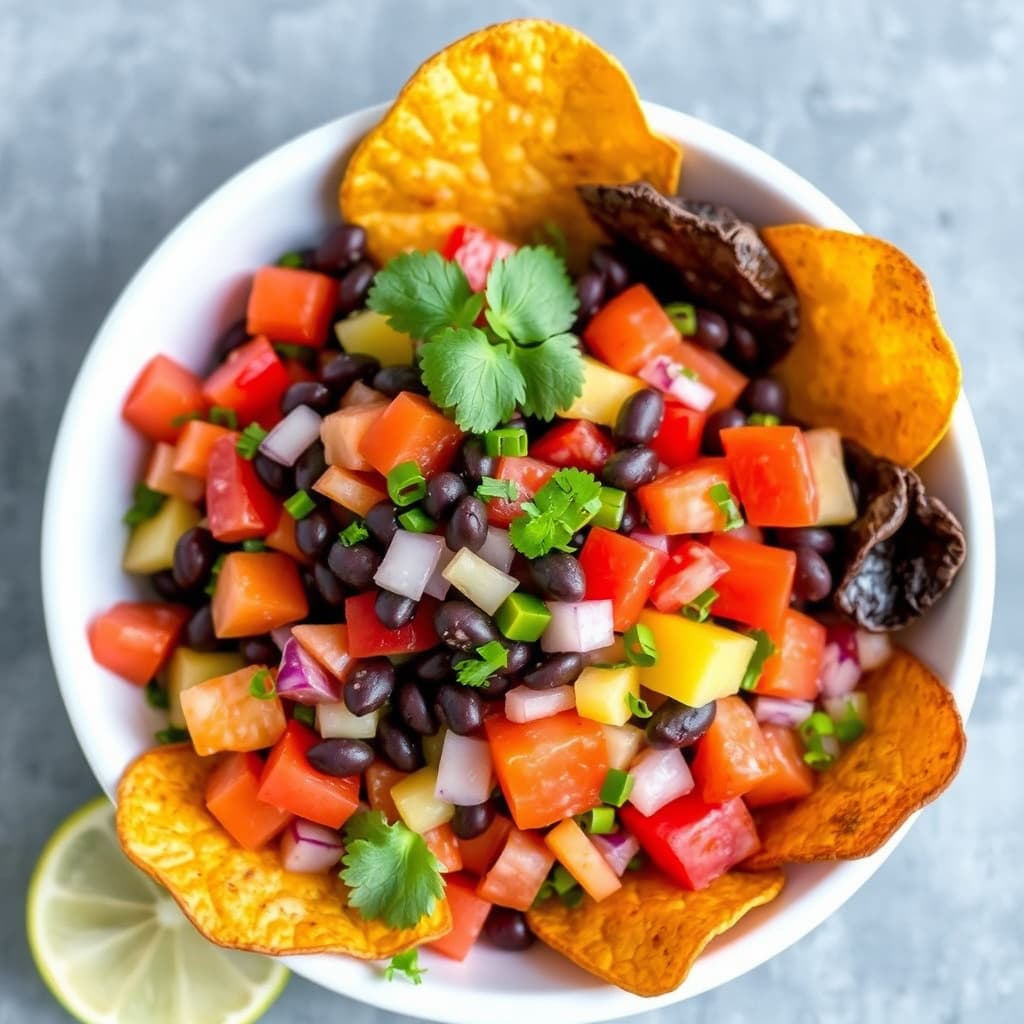 Salsa med svarte bønner, eksotisk frukt og grønnsakschips