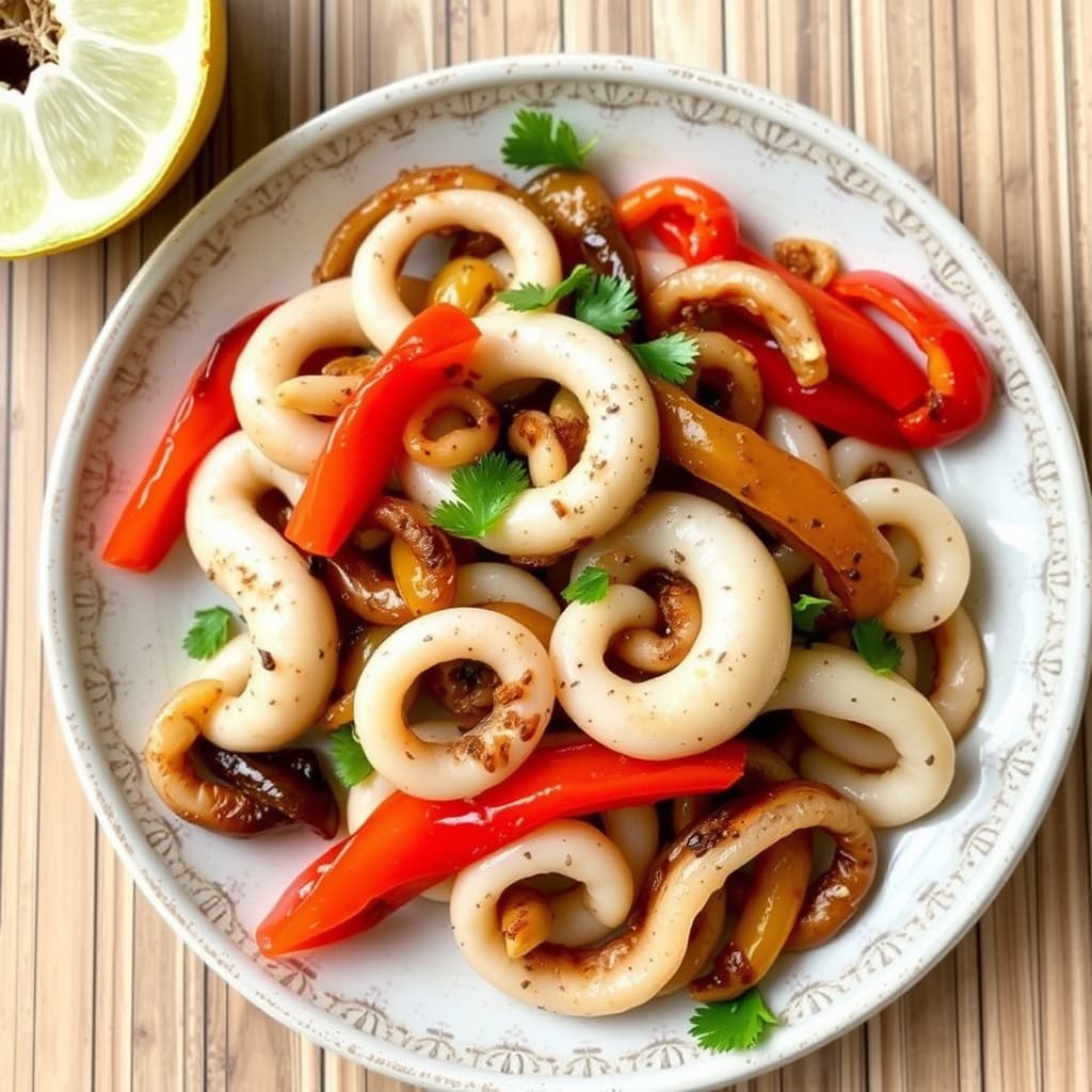 Salt- og pepperstekt blekksprut med karamelliserte løk og paprika